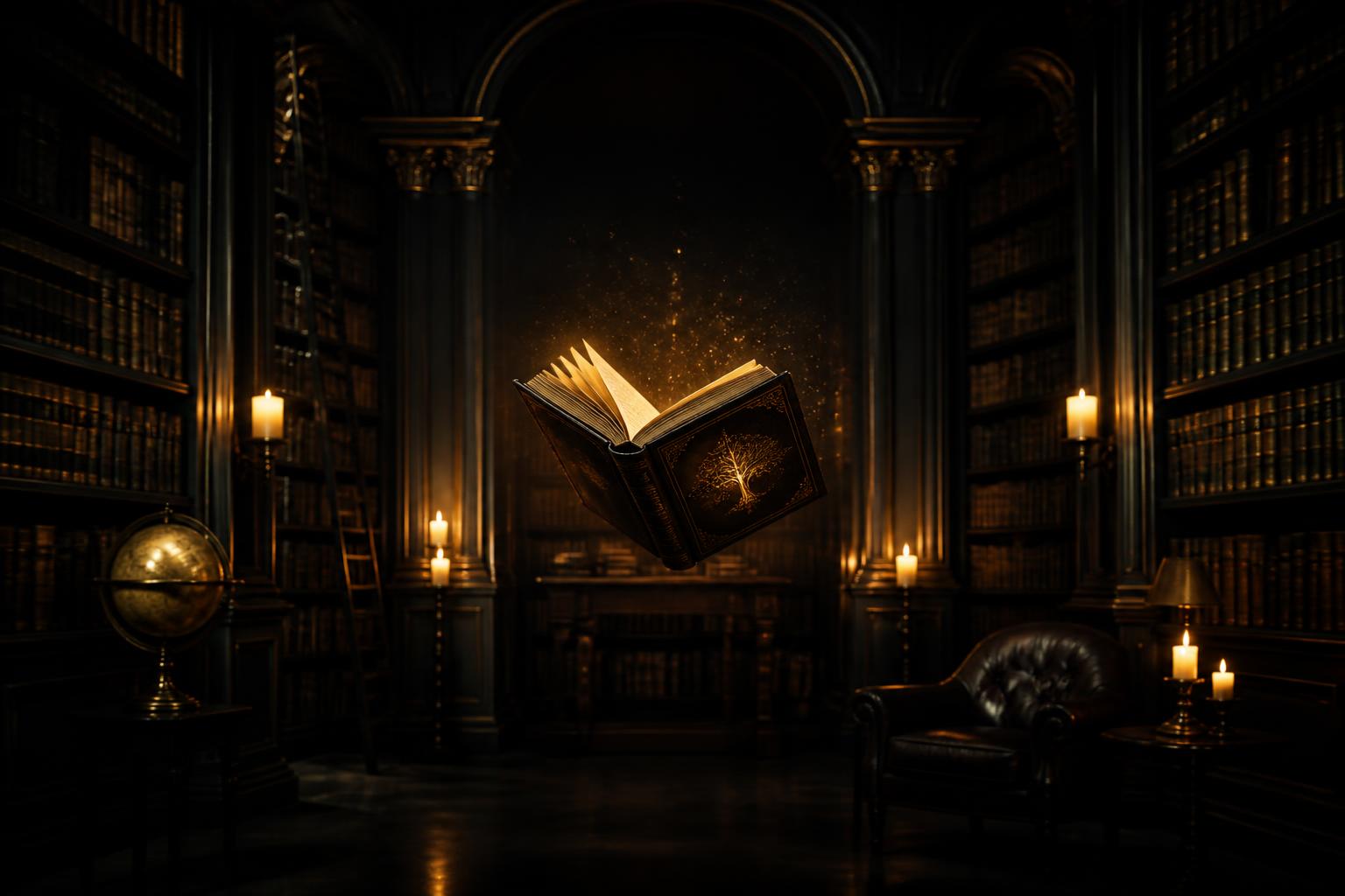 Biblioteca digital premium iluminada por velas